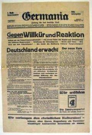 Sonderausgabe der konservativen Tageszeitung "Germania" zur Reichstagswahl 1933