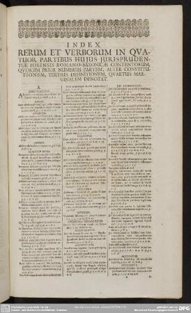 Index Rerum Et Verborum In Quartuor Partibus Hujus Jurisprudentiae Forensis Romano-Saxoniciae Contnetorum, Quorum Prior numerus Partem, Alter Constitutionem, Tertius Definitionem, Quartus Marginalem Denotat