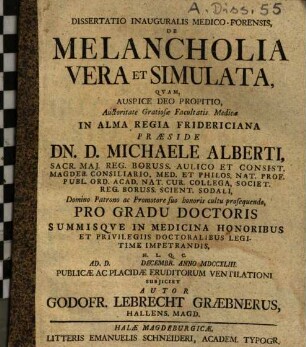 Dissertatio Inauguralis Medico-Forensis De Melancholia Vera Et Simulata