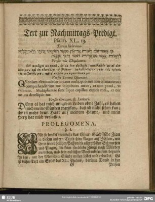 Text zur Nachmittags-Predigt. Psalm. XL, 13
