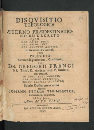Disquisitio Theologica De Aeterno Praedestinationis Dei Decreto
