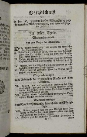 Verzeichniß der in den IV. Theilen dieser Abhandlung vorkommenden Wahrnehmungen, und ihres wichtigsten Inhaltes.