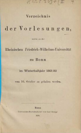 Vorlesungsverzeichnis für das .... 1891/92. WH