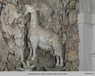Ziege auf Baumstamm stehend (rechts) - Fontana della Grotta di Madama