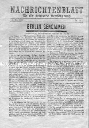 Nachrichtenblatt der Roten Armee zur Einnahme Berlins und zur Befreiung des KZ Buchenwald durch die Alliierten