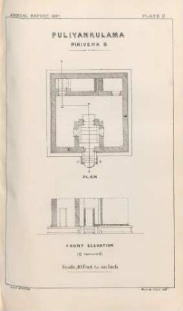 Plate E. Puliyankulama. Pirivena B. Plan. Front elevation