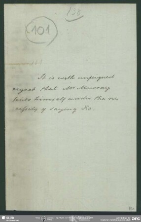 Eigenh. Brief von John Murray an August Wilhelm von Schlegel, o.O., ohne Datumsangabe