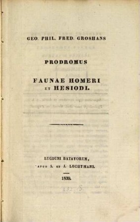 Prodromus Faunae Homeri et Hesiodi
