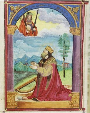 König David erscheint Gott am Himmel, Schwert und Totenkopf haltend, Seite 1(v) : König David erscheint Gott am Himmel, Schwert und Totenkopf haltend, Seite 1(v). Deckfarben, Pergament; 10 x 7,8 cm (Blattgröße). Aus: Aurelius Augustinus: Dy sybenn buß Psalmen, die leteney, andere Gebete. [Geschriben vnnd geendet...Nuremberg...Bernhardum Gruber]