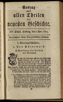 XIV. Stück. Coburg, den 1. April. 1750.