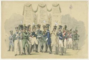 Offiziere und Mannschaften verschiedener württ. Truppen in Uniform mit Mütze bzw. Zierhelm vor Denkmal der Befreiungskriege, (Napoleonische Kriege), rechts oben Skizze einer Fahnenstangenspitze, links unten Skizze einer Kanone