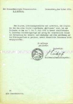 Innerbehördliches Schreiben des Braunschweigischen Staatsministeriums mit der Anweisung zur Freistellung vom Dienst für die Teilnehmer des 5. Reichskriegertages