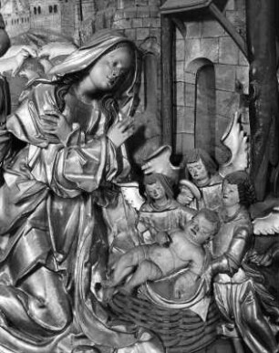 Flügelaltar : Flügelaltar. Holz, geschnitzt, gefaßt (um 1520/1525). Mittelschrein mit Anbetung des Christuskindes. Sankt Andrä (Wolfsberg)-Maria Rojach, Pfarrkirche