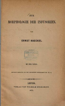 Zur Morphologie der Infusorien : Mit 2 Tafeln. (S.-A. a. d. Jenaischen Zeitschrift Bd. VII. 4.)