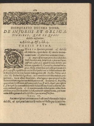 Disputatio Decima Nona. De Injuriis Et Obligationibvs, Qvae Ex Qvasi delicto nascuntur. Ad tit. 4. [et] 5. lib. 4.