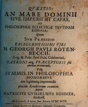 Quaestio: an mare dominii sive imperii sit capax, ad philosophiae eclecticae trutinam expensa