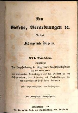 Neue Gesetze, Verordnungen etc. für das Königreich Bayern. 16,[1,1]. 1869 (1870)