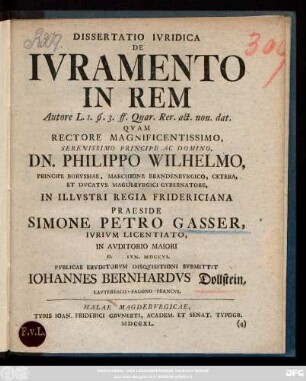 Dissertatio Ivridica De Ivramento In Rem Autore L. 1. §. 3 ff. Quar. Rer. act. non. dat.