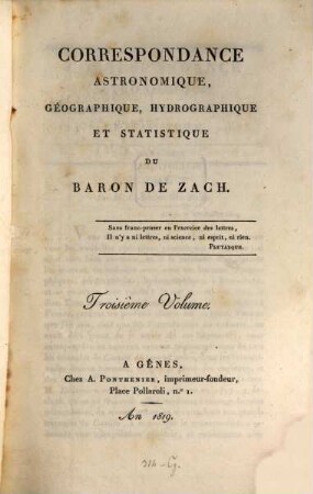 Correspondance astronomique, géographique, hydrographique et statistique. 3. 1819