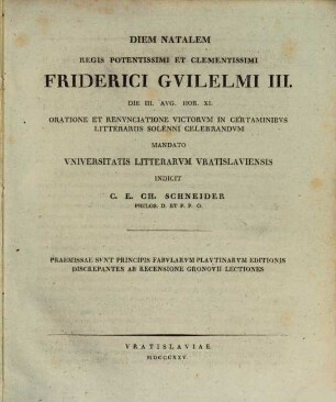 Lectiones editionis principis Fabularum Plautinar. discrepantes ab recens. Gronovii : [pr. ad diem nat. Frid. Guilelmi III.]