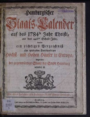 1784: Hamburgischer Staats-Kalender : auf das Jahr