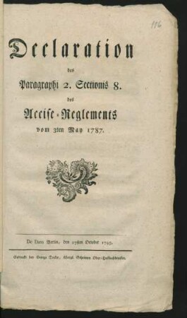 Declaration des Paragraphi 2. Sectionis 8. des Accise-Reglements vom 3ten Mai 1787 : De Dato Berlin, den 27sten October 1795