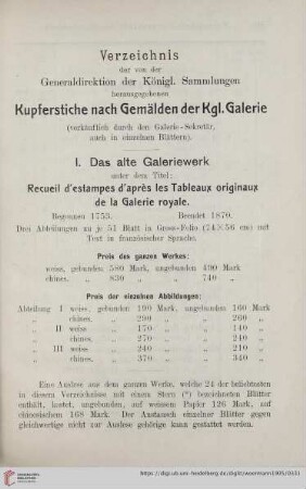 Verzeichnis der von der Generaldirektion der Königl. Sammlungen herausgegebenen Kupferstiche nach Gemälden der Kgl. Galerie