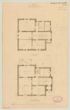Ländliches Wohnhaus, Berlin-Lichterfelde Monatskonkurrenz April 1881: Grundriss Erdgeschoss, Obergeschoss; Maßstabsleiste