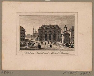 Die Neustädter Wache (Blockhaus) am Neustädter Markt mit dem Reiterstandbild August II. (Goldener Reiter), Blick nach Süden