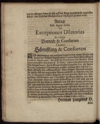 Anlage Sub Signo Solis Ad Exceptiones Dilatorias In causa Barnecke & Consorten Contra Scheuffling & Consorten