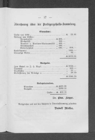 Abrechnung über die Predigergehalts-Sammlung.