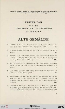 Erster Tag: Donnerstag, den 19. November 1931, Beginn 3 Uhr (Nr. 1-160)