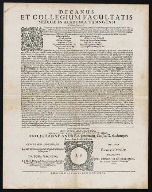 Decanus Et Collegium Facultatis Medicae In Academia Tubingensi Lectori salutem!