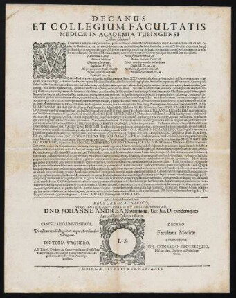 Decanus Et Collegium Facultatis Medicae In Academia Tubingensi Lectori salutem!