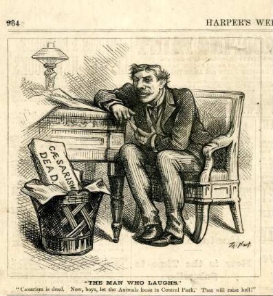 "The man who laughs." "Caesarism is dead. Now, boys, let the Animals loose in Central Park. That will raise hell!" : James Bennett Jr. sitzt lachend an seinem Schreibtisch und freut sich über den Erfolg des Gerüchts über die dritte Amtszeit von Grant