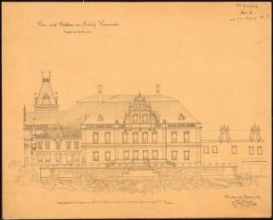 Schloss Kaminietz Erweiterung, 1. Projekt: Aufriss Gartenseite, Maßstabsleiste (Fuß rhl.)