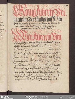 König Alberti Priuilegium der Landtschafft Im Camitzschen Kräysse vorliehen, die sich von den Edlen Herren von Camentz loßgekaufft, Anno 1438 am nechstenn Sonnabendt nach Sanct Martini Tagk