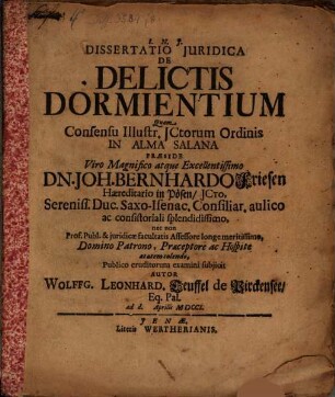 Dissertatio Juridica De Delictis Dormientium
