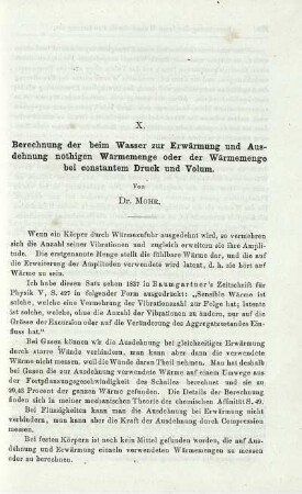 X. Berechnung der beim Wasser zur Erwärmung und Ausdehnung nöthigen Wärmemenge oder der Wärmemenge bei constantem Druck und Volum.