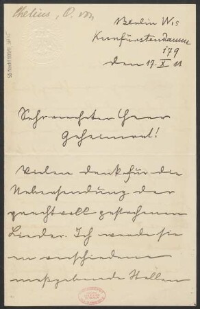 Brief an Ludwig Strecker  und B. Schott's Söhne : 17.10.1911