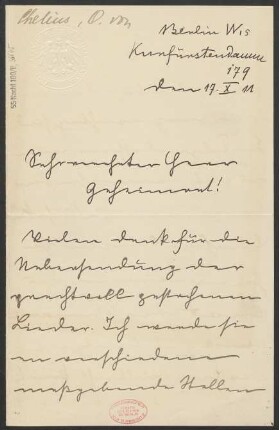 Brief an Ludwig Strecker <senior> und B. Schott's Söhne : 17.10.1911