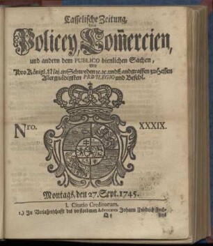 Nro. XXXIX, Montags, den 27. Sept. 1745