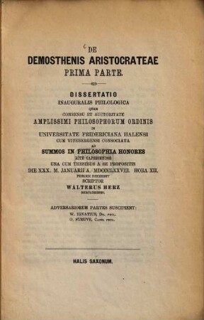 De Demosthenis Aristocrateae prima parte : Hallenser Doctordiss