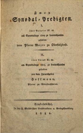 Zwey Synodal-Predigten