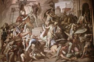 Westwand: Die Burgunder verteidigen sich vor der brennenden Halle