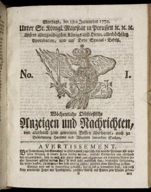 No. 1. Montags, den 1sten Januarius 1770.