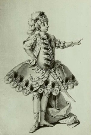 Venturo Rocchetti, genannt Venturini, als Amilcare in "Attilio Regolo" von Metastasio und Hasse. Hoftheater Dresden, Uraufführung 12. Januar 1750. Federzeichnung von F. Ponte, Blatt 7 in: Vestiarium der Oper "Attilio Regolo". Dresden: Kupferstich-Kabinett Ca 103
