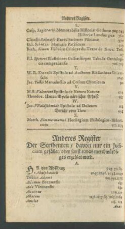 Anderes Register Der Scribenten/ davon nur ein Judicium gefället/ oder sonst etwas merckwürdiges erzehlet wird.