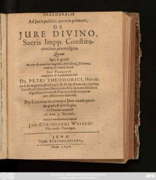 Inauguralis Ad Iuris publici, partem primam, De Iure Divino, Sacris Impp. Constitutionibus promulgato