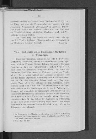 Vom Sterbebette eines Hamburger Studenten in Wittenberg.